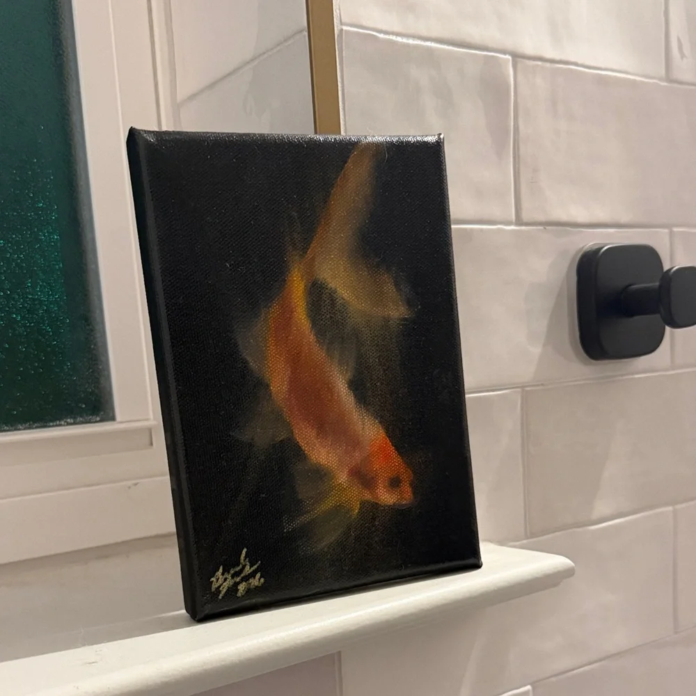 Original oil painting of Orange goldfish. Fish art, gold fish, oil painting,